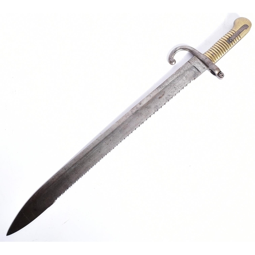 40 - A 19th Century Belgian M1868 Terssen Rifle sawback sabre bayonet. Brass ribbed hilt with press stud ... 