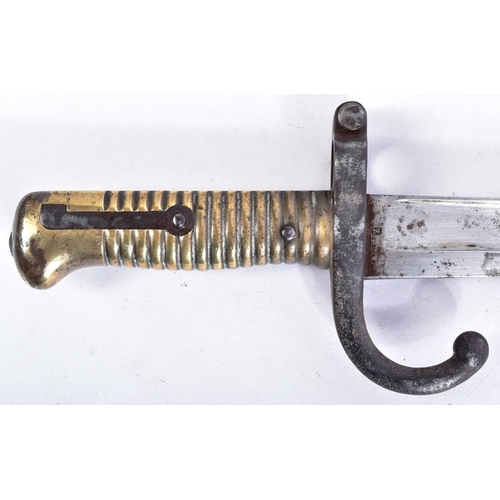 76 - A 19th Century French 1866 pattern ' Chassepot ' rifle bayonet. The bayonet having ribbed brass hilt... 