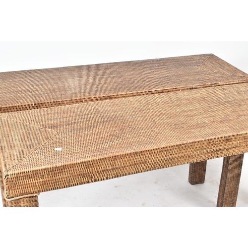 197 - A pair of contemporary British Modern Design bamboo rattan wicker console hall tables. Each table ha... 