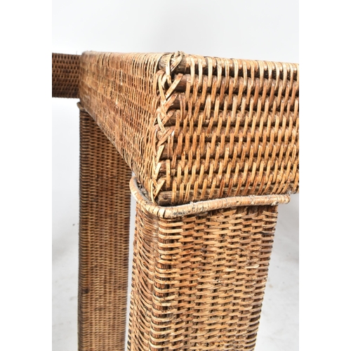 197 - A pair of contemporary British Modern Design bamboo rattan wicker console hall tables. Each table ha... 