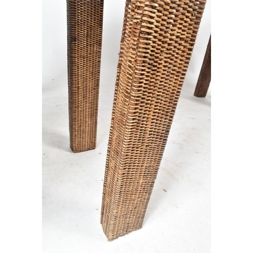 197 - A pair of contemporary British Modern Design bamboo rattan wicker console hall tables. Each table ha... 