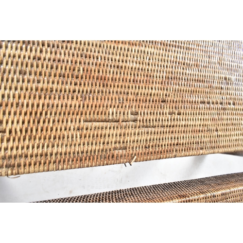 197 - A pair of contemporary British Modern Design bamboo rattan wicker console hall tables. Each table ha... 