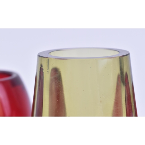 342 - Whitefriars - A selection of three retro 20th century glass vase. The lot comprising of two ruby red... 