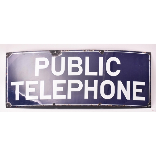 71 - Large early 20th century advertising point of sale shop enamel public telephone sign. Blue ground wi... 