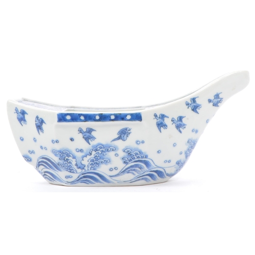65 - An early 20th century Japanese Taisho period blue and white porcelain hand painted boat bowl of irre... 