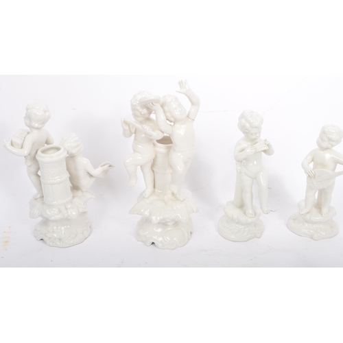 81 - A collection of 20th century Italian porcelain Bassano blanc de chine band figures and stem / spill ... 