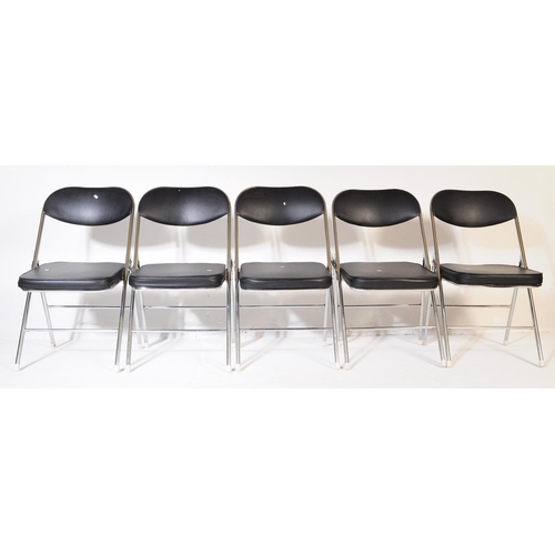 608 - A collection of five mid Century folding chairs constructed from a tubular chromed metal with black ... 