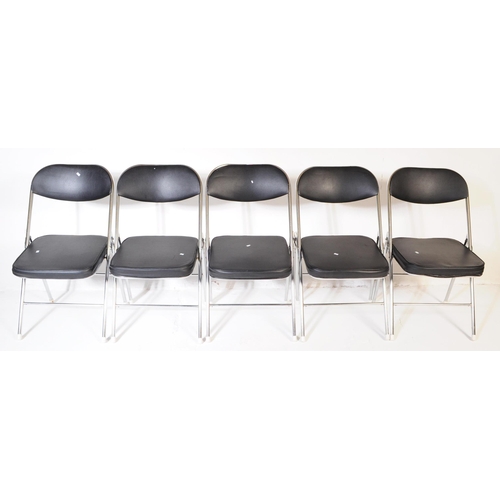 608 - A collection of five mid Century folding chairs constructed from a tubular chromed metal with black ... 