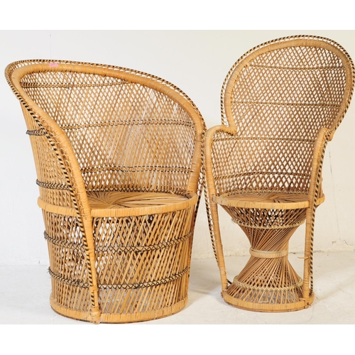 633 - A vintage 20th century circa 1980s bamboo wicker rattan garden conservatory chairs. One larger of ci... 