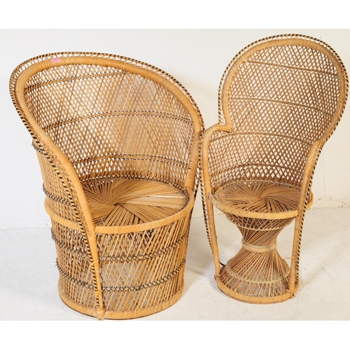 633 - A vintage 20th century circa 1980s bamboo wicker rattan garden conservatory chairs. One larger of ci... 
