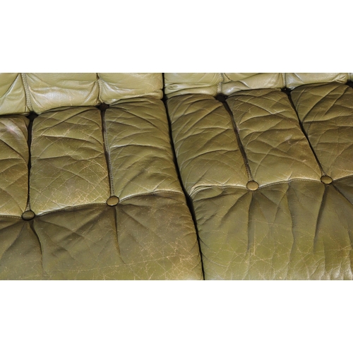 643 - A vintage mid-century 3 seater sofa in green leather and mahogany in the style of Jean Gillon. Green... 