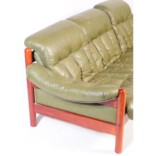 643 - A vintage mid-century 3 seater sofa in green leather and mahogany in the style of Jean Gillon. Green... 