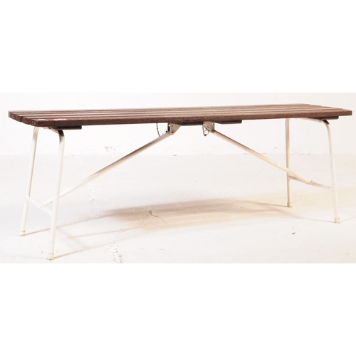 658 - A vintage 20th century folding gym bench. Of rectangular form with five wooden slate top with painte... 