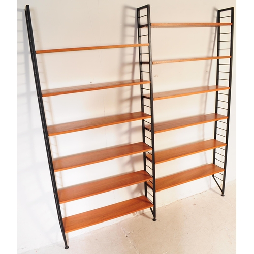 664 - A vintage mid 20th century Ladderax wall unit. Total of three bays with twelve teak shelves, ebonise... 