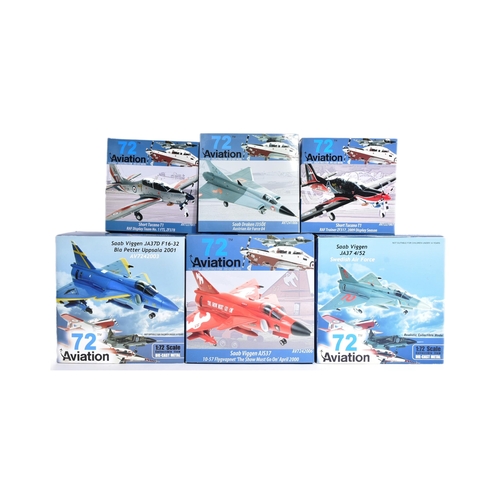 163 - Diecast - a collection of x6 72 Aviation metal aircraft models. To include: no. AV7241006 Saab Drake... 