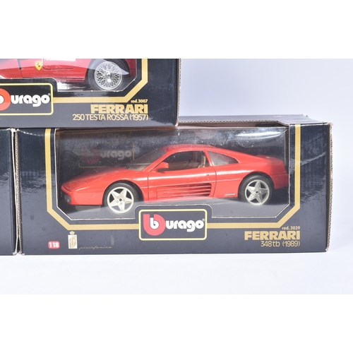 196 - Diecast - x3 Bburago 1/18 scale boxed diecast model cars. All Ferrari examples comprising Testarossa... 