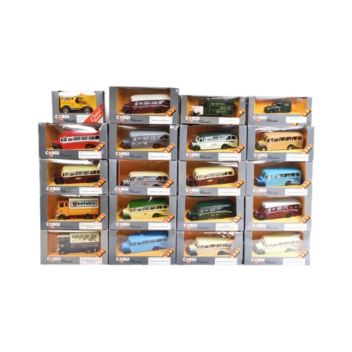 407 - Diecast - a collection of Corgi diecast model buses. Largely Bedford Type OB coaches in assorted liv... 