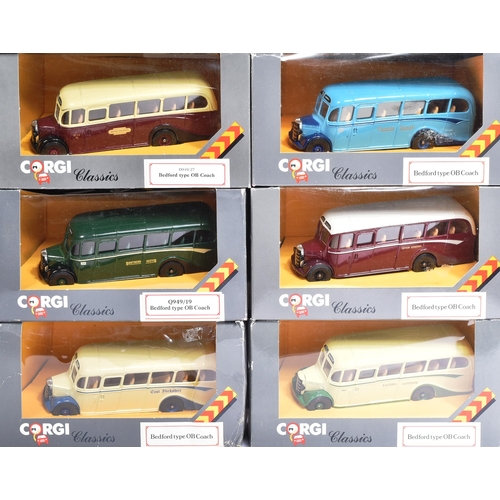 407 - Diecast - a collection of Corgi diecast model buses. Largely Bedford Type OB coaches in assorted liv... 