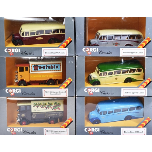 407 - Diecast - a collection of Corgi diecast model buses. Largely Bedford Type OB coaches in assorted liv... 