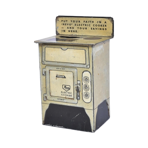 476 - Tinplate Toys - a vintage litho printed tinplate money box in the form of an electric ' Revo ' stove... 