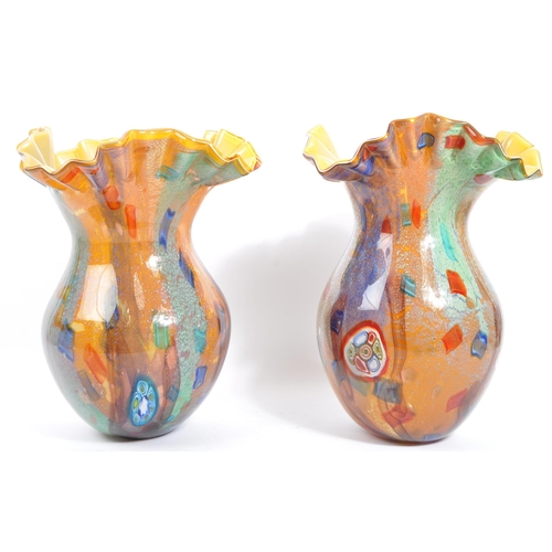 107 - A pair of large vintage mid 20th century Italian Murano studio art glass vases. The vases having ruf... 