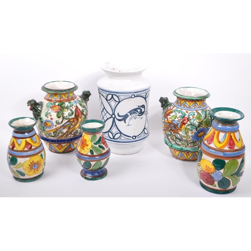 124 - A group of six early to mid century retro Italian majolica stoneware ceramics to include: Three x ha... 