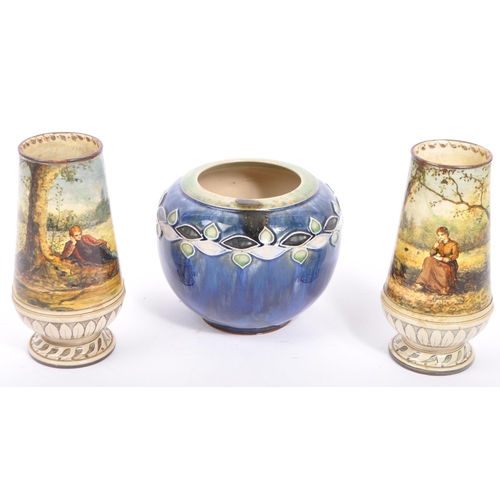 125 - Royal Doulton Lambeth - A group three Victorian and early 20th century ceramic pottery table vases. ... 