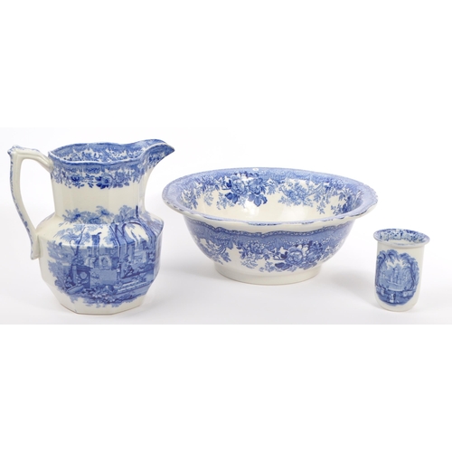 155 - A Masons blue and white washbowl and jug - Patent Ironstone China jug and bowl along with side pot (... 