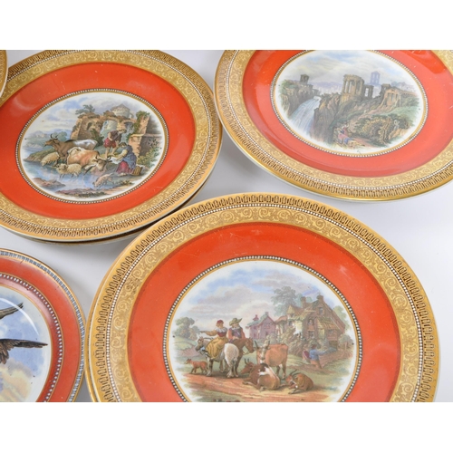 159 - An extensive collection of 19th Century English prattware plates and tazzas all having orange and gi... 