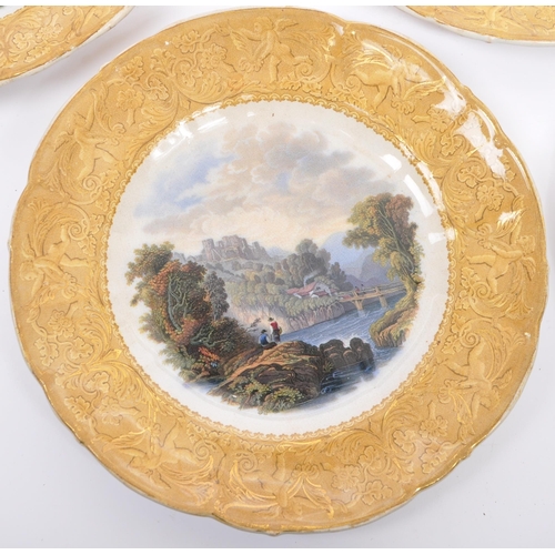 162 - A collection of 19th century Victorian ceramic dinner plates and tazzas. Depicting a mountainous riv... 