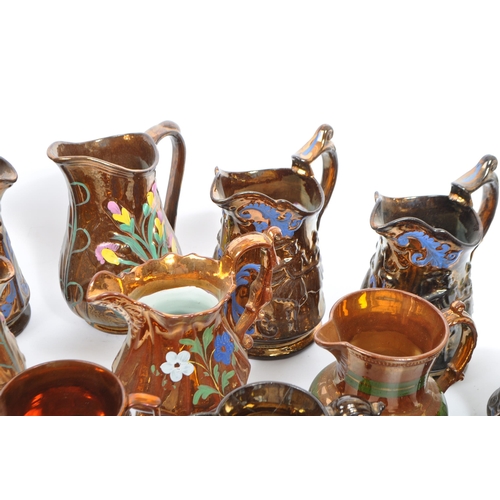 171 - A large collection of 19th century Victorian lustre ware jugs, with copper / brown design to ground.... 