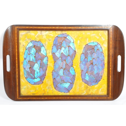 219 - Taxidermy - Three Edwardian circa 1900s mahogany inlaid serving trays having inset butterfly wing. E... 