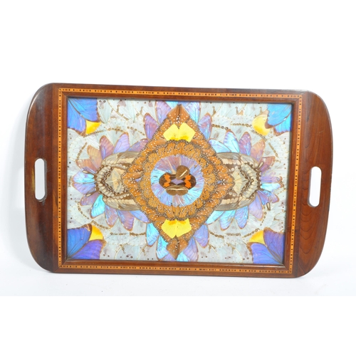 219 - Taxidermy - Three Edwardian circa 1900s mahogany inlaid serving trays having inset butterfly wing. E... 