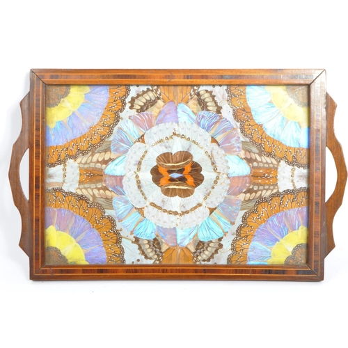 219 - Taxidermy - Three Edwardian circa 1900s mahogany inlaid serving trays having inset butterfly wing. E... 