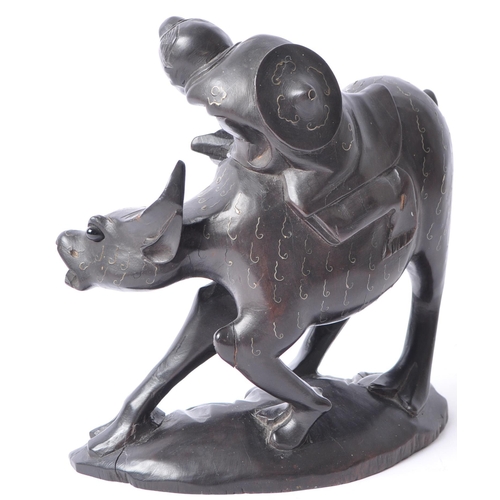 222 - Vintage Chinese Oriental wood-carved water buffalo with male riding figure. Inlaid with silver wire ... 