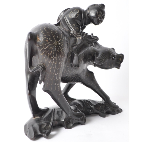 222 - Vintage Chinese Oriental wood-carved water buffalo with male riding figure. Inlaid with silver wire ... 