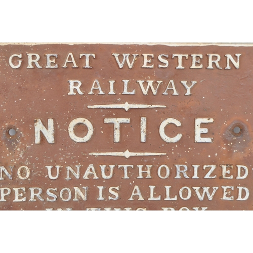 252 - An original Great Western Railway Notice / Signal Box railway station sign. Brown / white edged cast... 