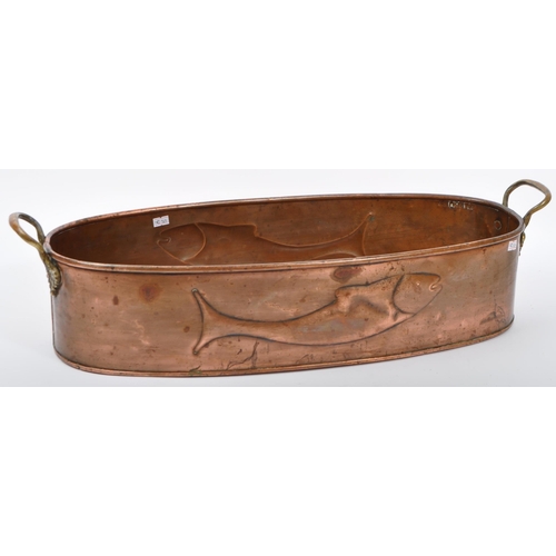 304 - Large vintage copper planter / fish kettle having brass carry handles, depicting stylised fish to ou... 