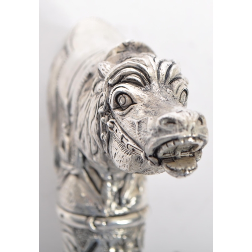 335 - A silver plated walking stick / cane metamorphic handle in the form of horse and dog with floral col... 