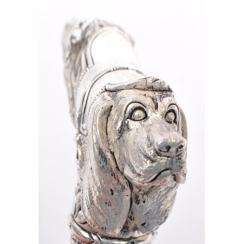 335 - A silver plated walking stick / cane metamorphic handle in the form of horse and dog with floral col... 