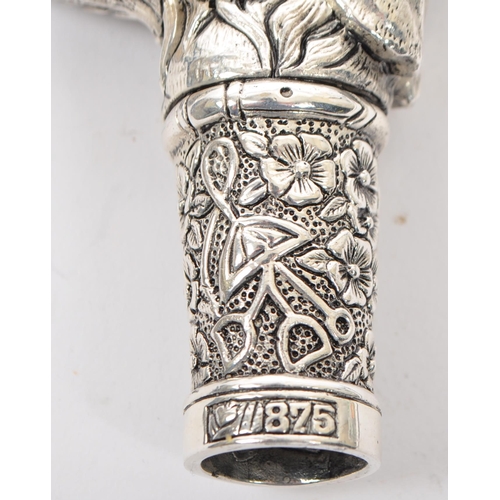 335 - A silver plated walking stick / cane metamorphic handle in the form of horse and dog with floral col... 