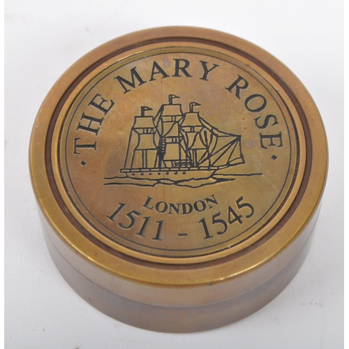 351 - A bronzed metal cased combination sundial compass. The screw lid being engraved with 'The Mary Rose ... 