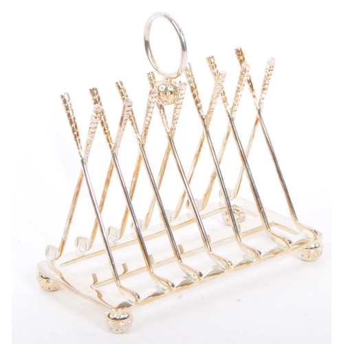 361 - A silver plated toast rack having hoop carry handle to top with slice dividers being in the form of ... 