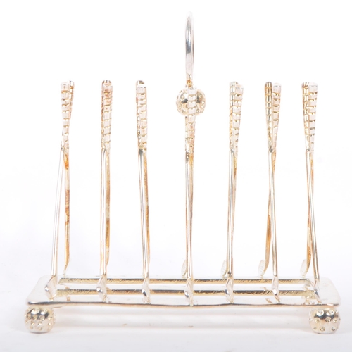 361 - A silver plated toast rack having hoop carry handle to top with slice dividers being in the form of ... 