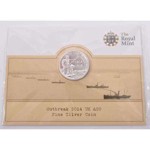 463 - The Royal Mint - Outbreak 2014 UK £20 999 fine silver coin First World War 1914 - 1918. Diameter 27.... 