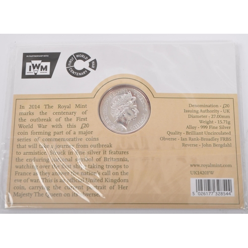 463 - The Royal Mint - Outbreak 2014 UK £20 999 fine silver coin First World War 1914 - 1918. Diameter 27.... 