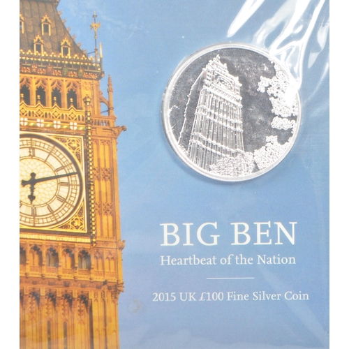 466 - The Royal Mint: A United Kingdom 2015 0.999 silver proof £100 coin, Big Ben presentation pack, in or... 