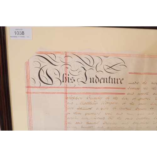 487 - Local Interest - A framed and glazed 17/18th century indenture bearing the original wax seals. A leg... 