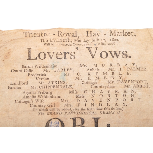 506 - George III 1805 Theatre Playbill - An early 19th century George III theatre playbill for Lovers' Vow... 