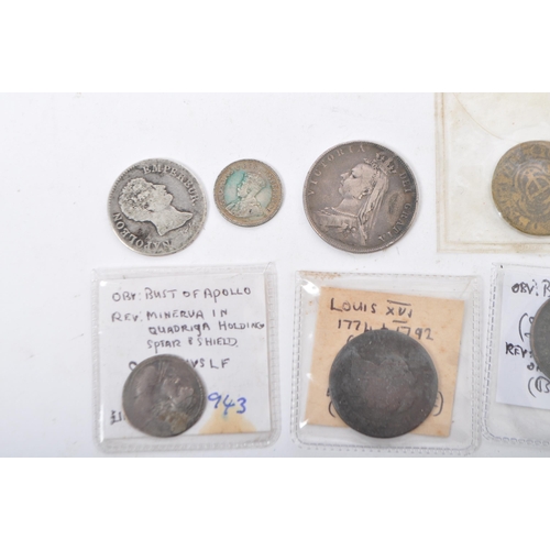 525 - A collection of varied UK & foreign coin currency. To include, Roman Republic silver denarius minted... 